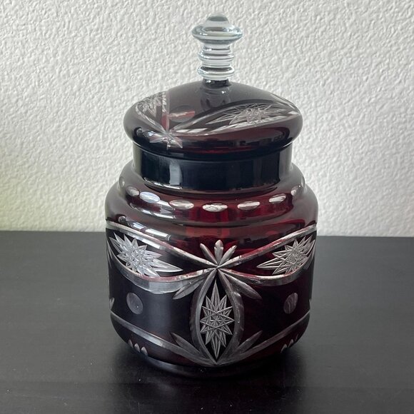 Ruby Red Cut to Clear Crystal Biscuit Jar // 8" Tall Bohemian Glass Canister - Picture 4 of 6